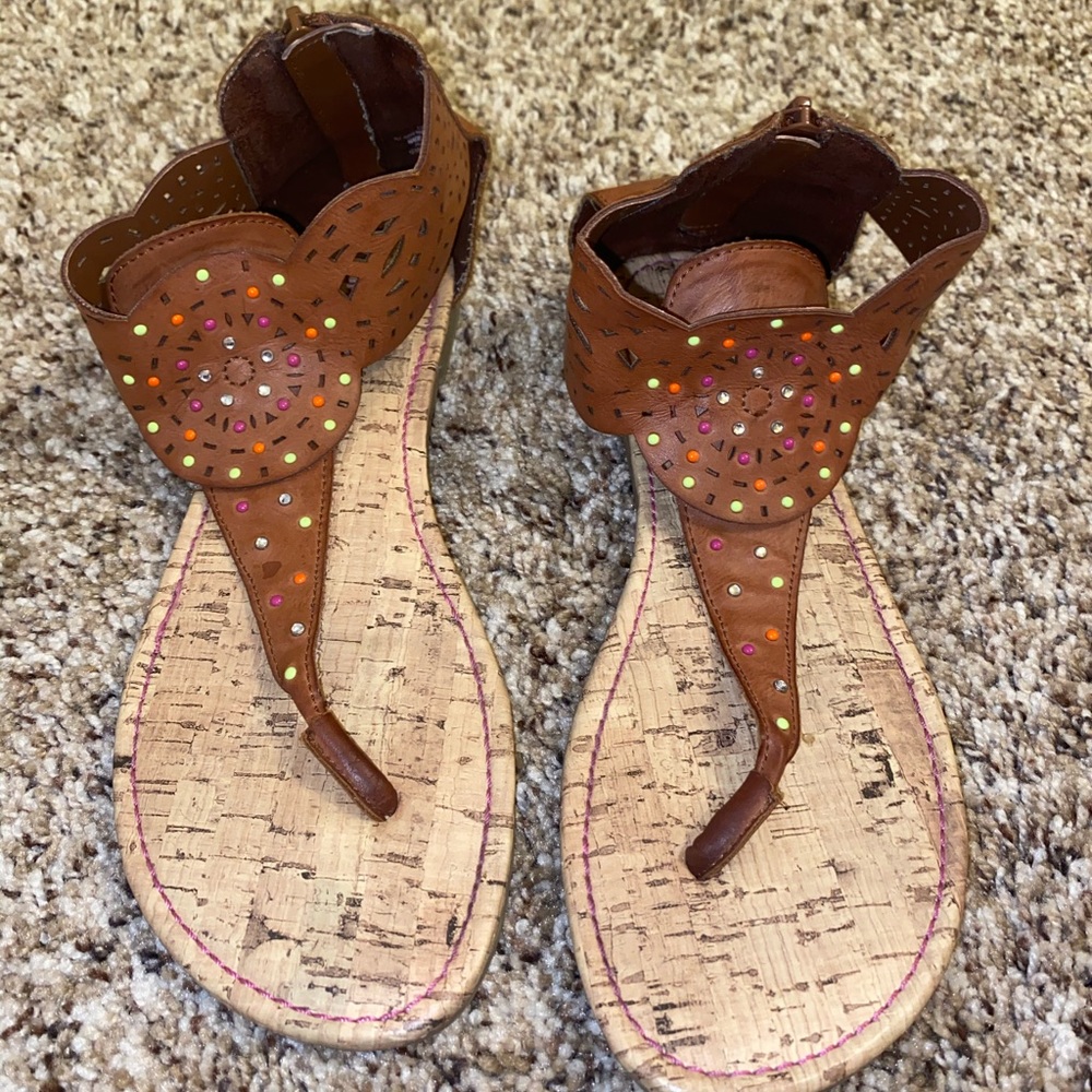 Brown and Tan Faux Leather Sandals